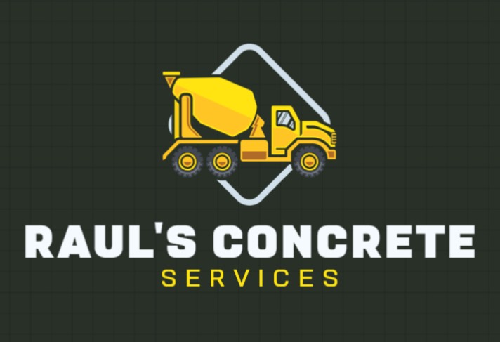 Logo for RAULS CONCRETE SERVICES featuring a yellow cement mixer truck inside a diamond outline, with the business name in bold white and yellow text on a dark grid background.